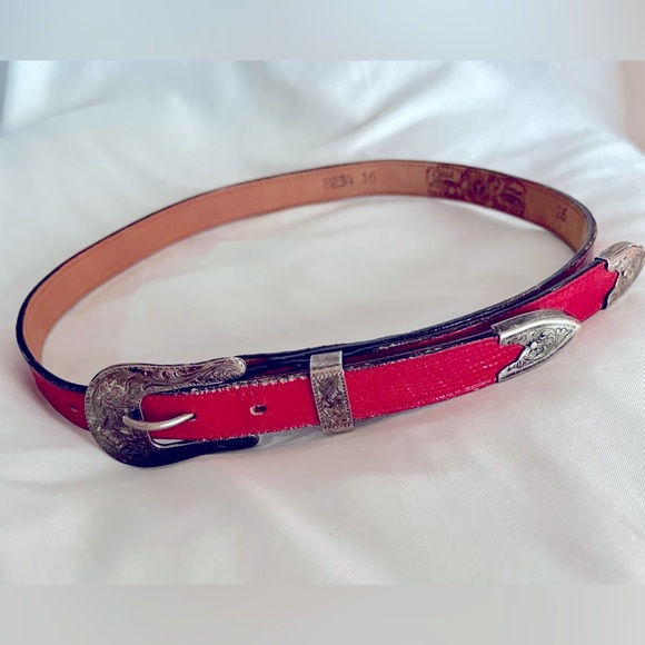 Vintage Red Snakeskin style leather belt hand made in Texas by Circle of Yoakum - Picture 2 of 12